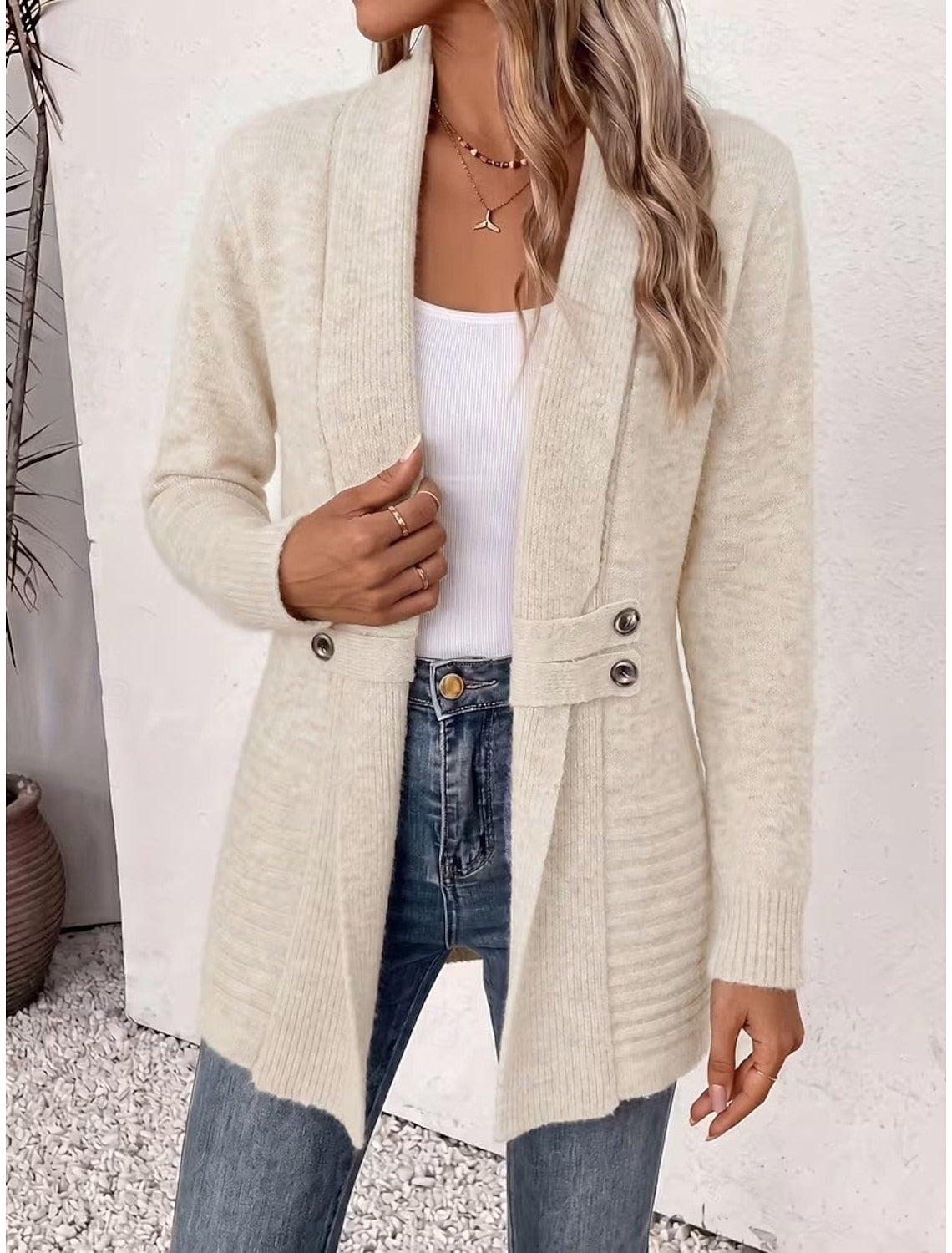 Gaia | Ribbed Knit Longline Cardigan with Button Tabs for Women
