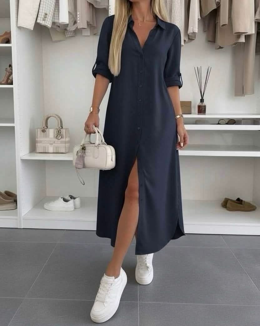 Malou | Button-Front Collared Shirt Dress with Rolled Sleeves
