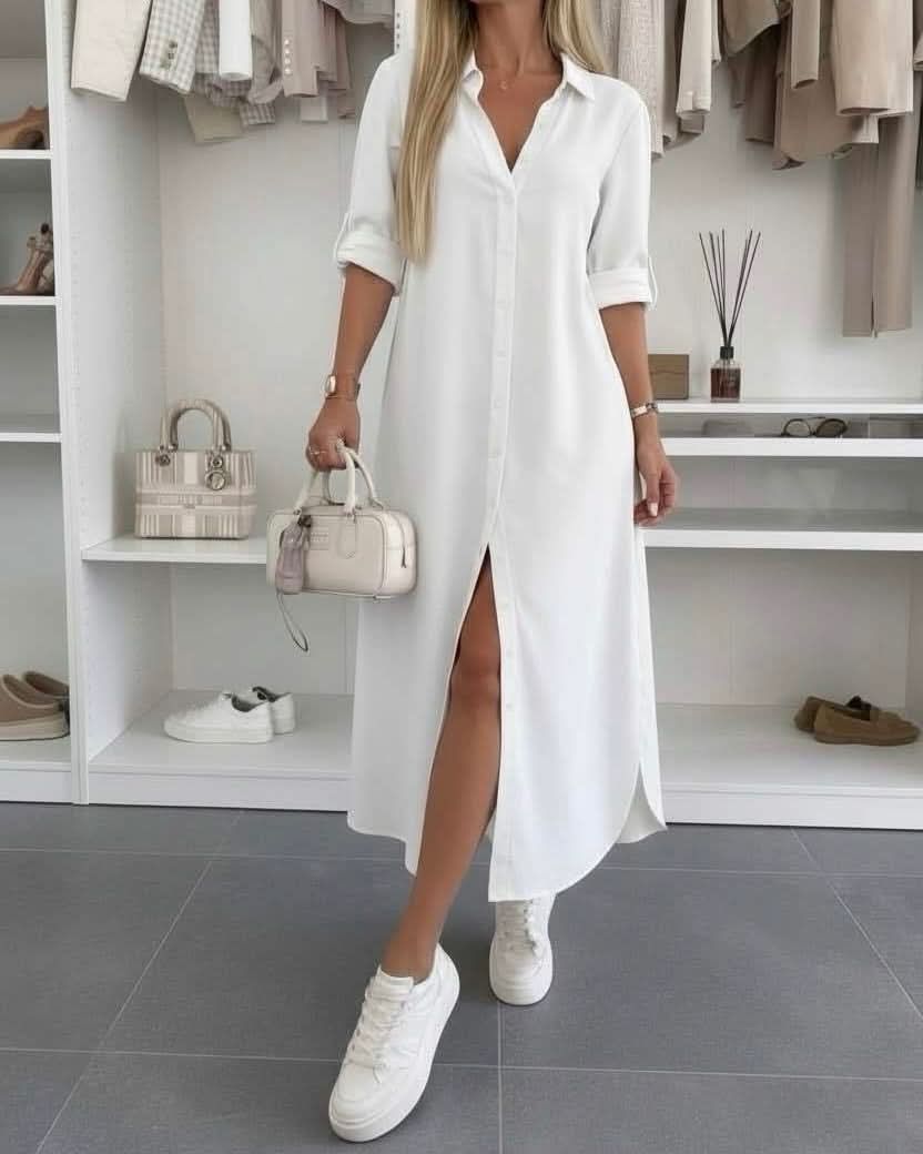 Malou | Button-Front Collared Shirt Dress with Rolled Sleeves