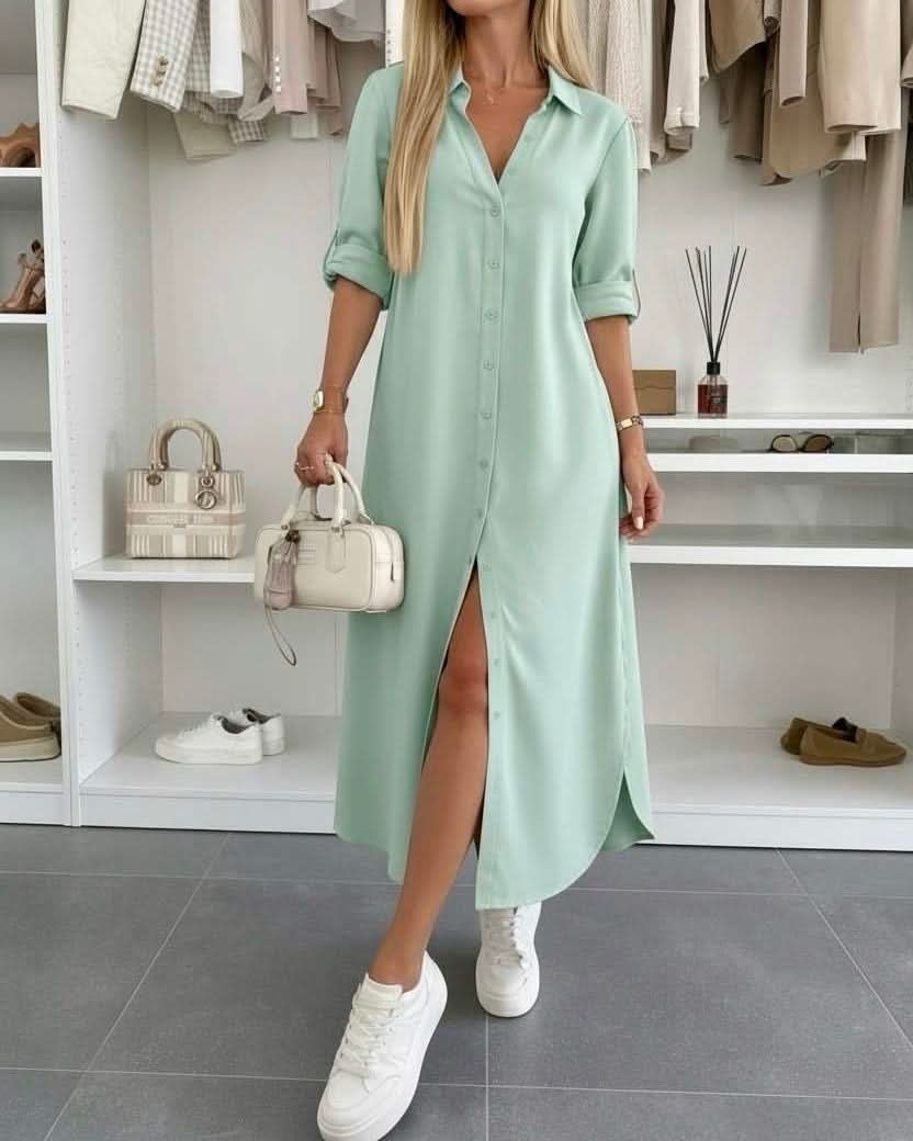 Malou | Button-Front Collared Shirt Dress with Rolled Sleeves