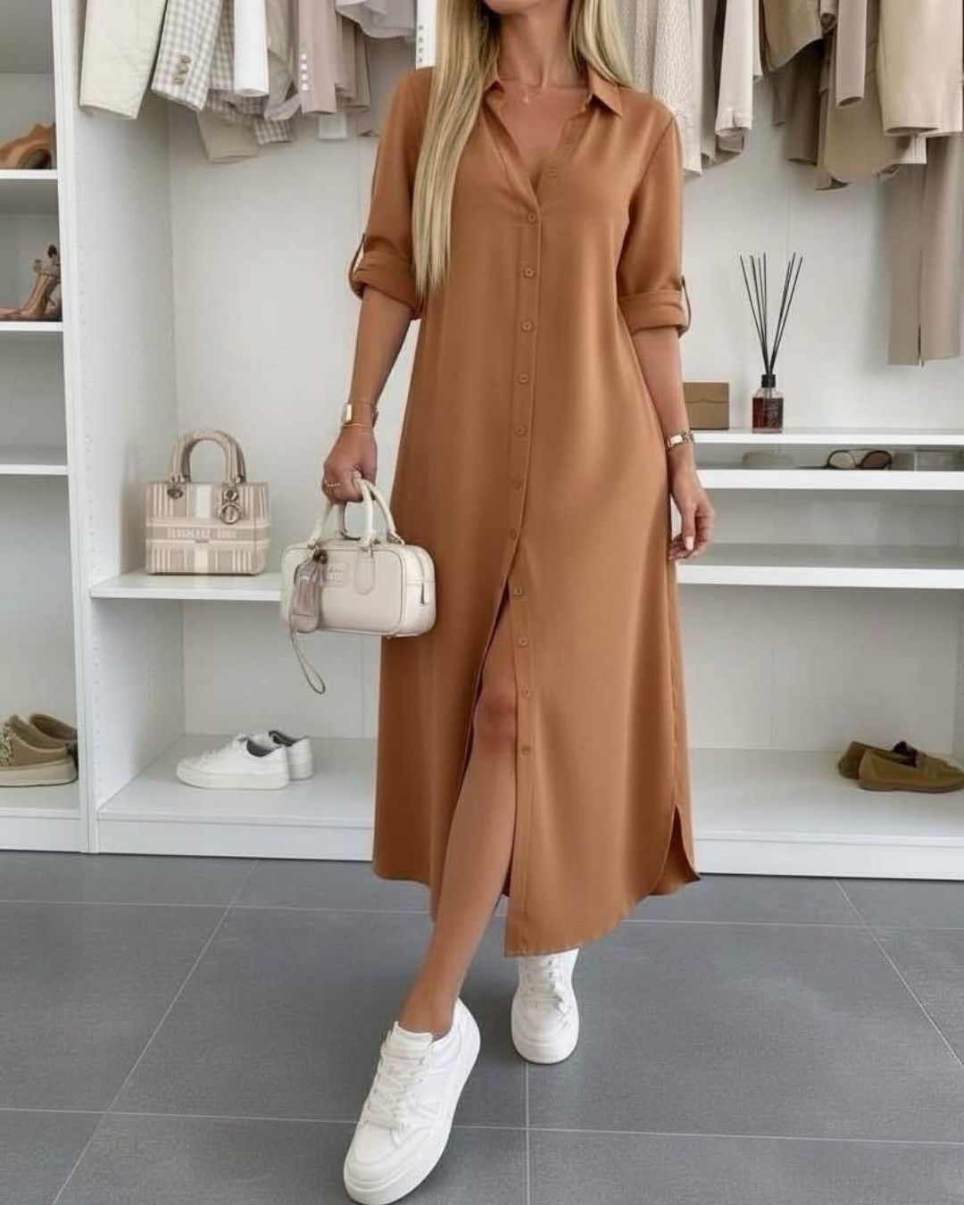 Malou | Button-Front Collared Shirt Dress with Rolled Sleeves