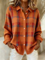 Linnea | Button-Front Round Neck Knit Shirt with Contrast Pattern