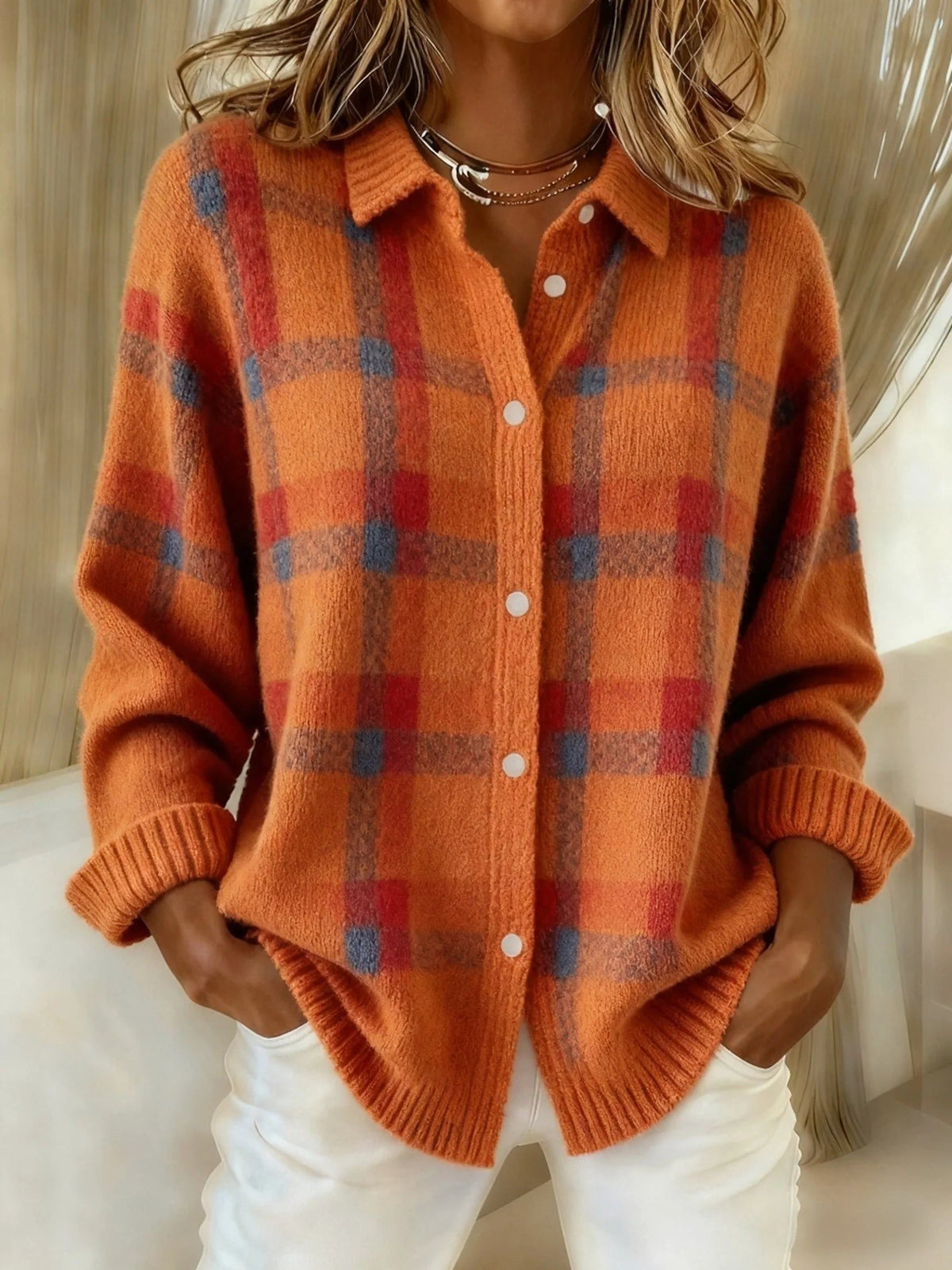 Linnea | Button-Front Round Neck Knit Shirt with Contrast Pattern