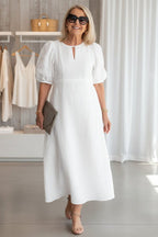 Manon | Puff Sleeve Waist-Defining Midi Dress for Women