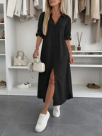 Malou | Button-Front Collared Shirt Dress with Rolled Sleeves