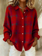 Linnea | Button-Front Round Neck Knit Shirt with Contrast Pattern