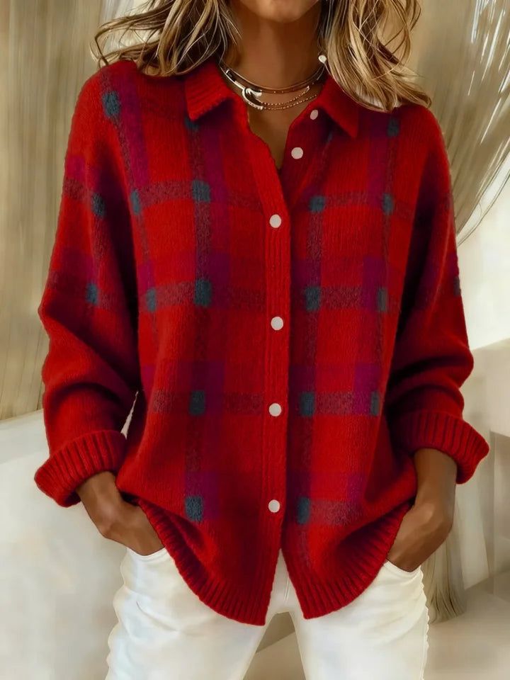 Linnea | Button-Front Round Neck Knit Shirt with Contrast Pattern