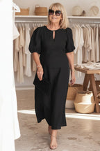 Manon | Puff Sleeve Waist-Defining Midi Dress for Women