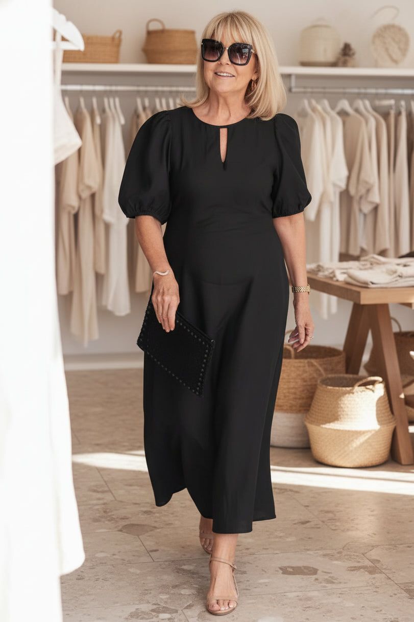 Manon | Puff Sleeve Waist-Defining Midi Dress for Women