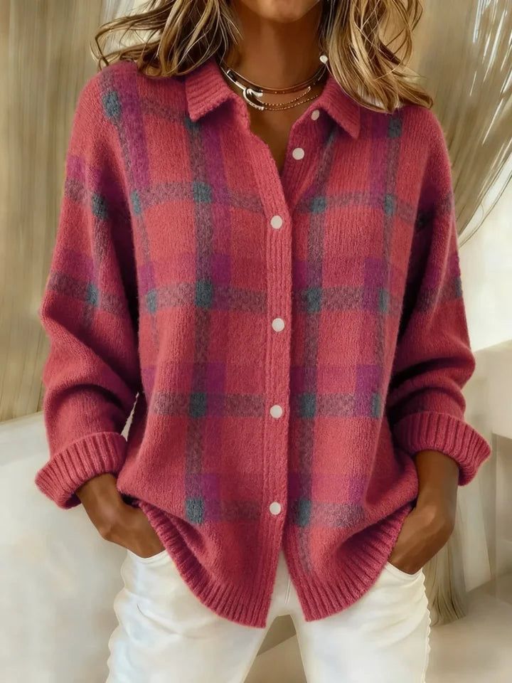 Linnea | Button-Front Round Neck Knit Shirt with Contrast Pattern