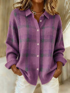 Linnea | Button-Front Round Neck Knit Shirt with Contrast Pattern
