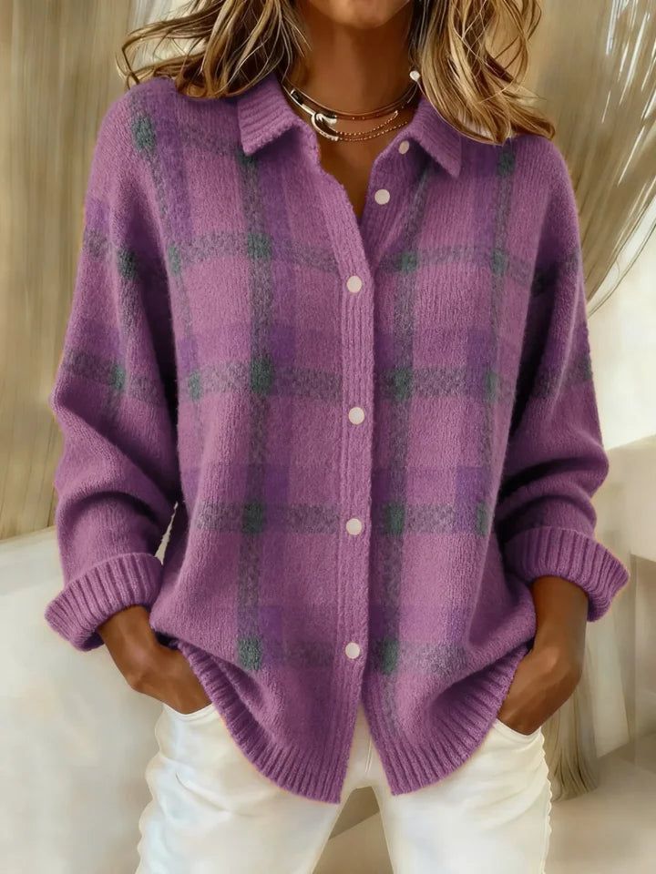 Linnea | Button-Front Round Neck Knit Shirt with Contrast Pattern