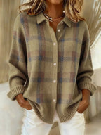 Linnea | Button-Front Round Neck Knit Shirt with Contrast Pattern