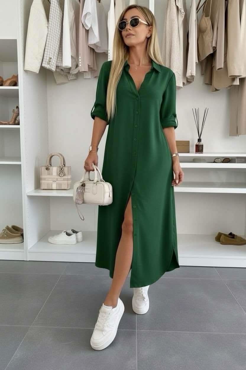 Malou | Button-Front Collared Shirt Dress with Rolled Sleeves