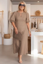 Manon | Puff Sleeve Waist-Defining Midi Dress for Women