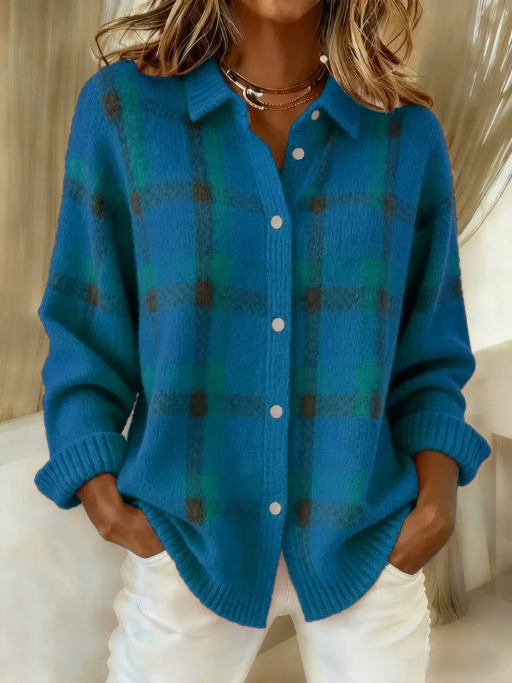 Linnea | Button-Front Round Neck Knit Shirt with Contrast Pattern