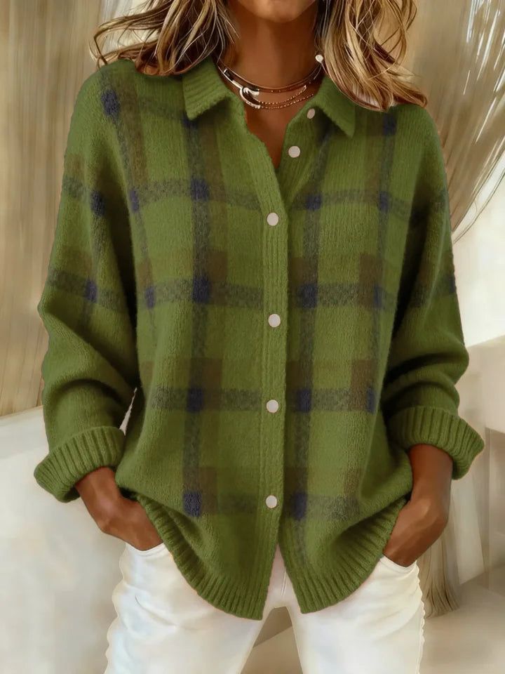 Linnea | Button-Front Round Neck Knit Shirt with Contrast Pattern