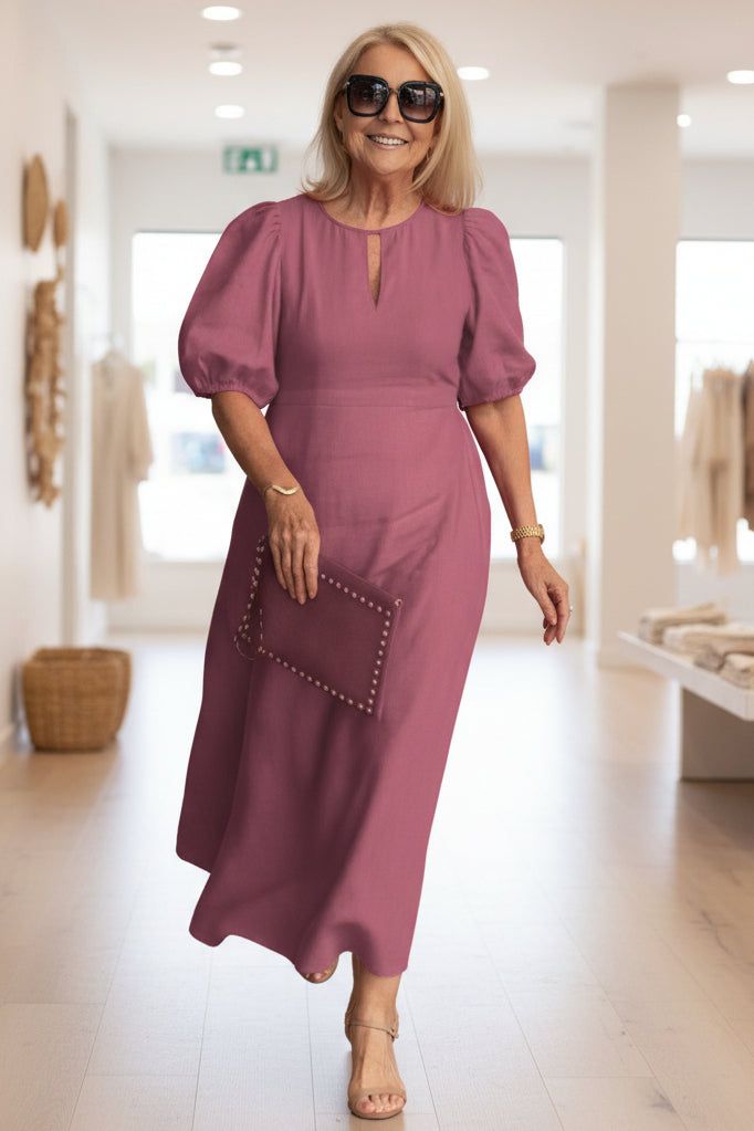Manon | Puff Sleeve Waist-Defining Midi Dress for Women