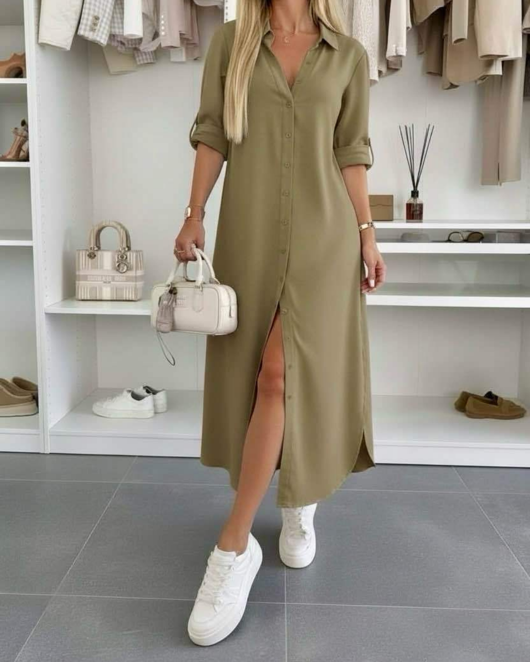 Malou | Button-Front Collared Shirt Dress with Rolled Sleeves