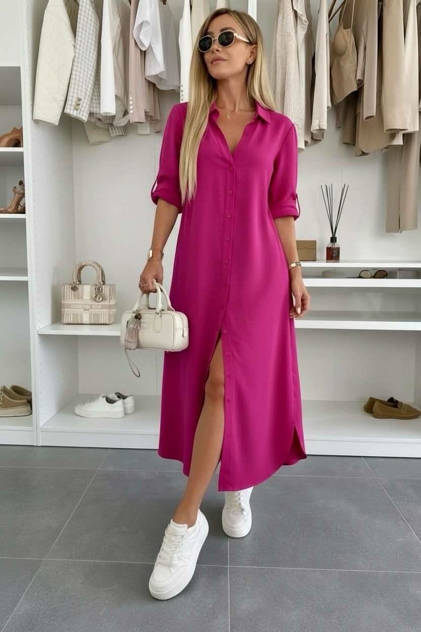 Malou | Button-Front Collared Shirt Dress with Rolled Sleeves