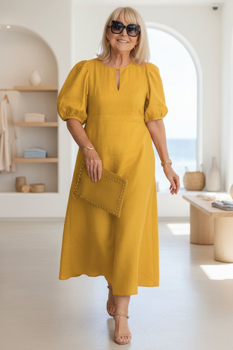 Manon | Puff Sleeve Waist-Defining Midi Dress for Women