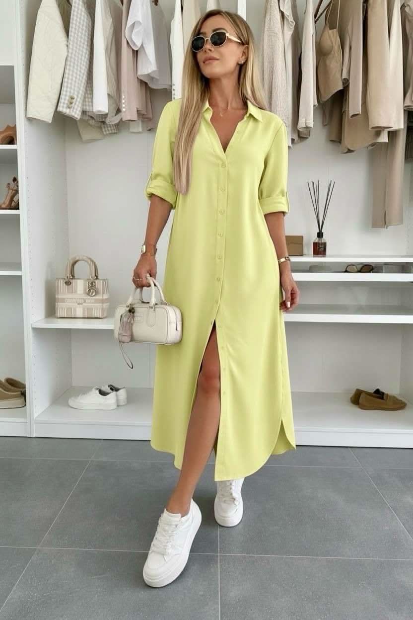 Malou | Button-Front Collared Shirt Dress with Rolled Sleeves