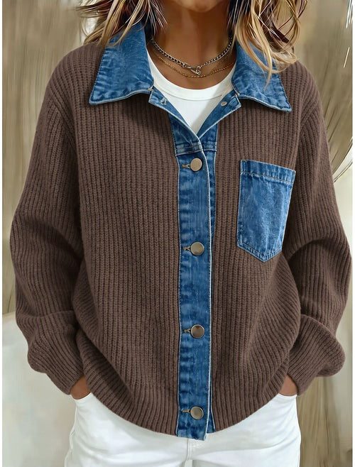 Denise | Ribbed Knit Contrast Collar Cardigan for Women