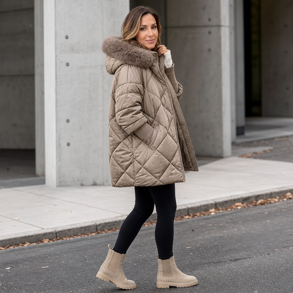 Andrea Oversized Quilted Puffer Parka with Fur Hood for Women