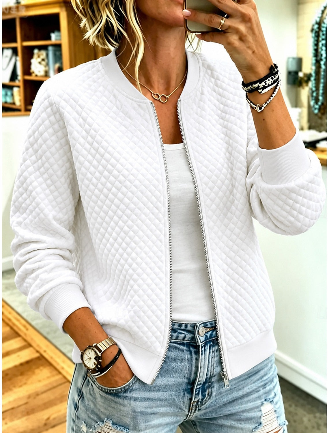 Eliane | Quilted Zip-Front Crew Neck Cardigan for Women