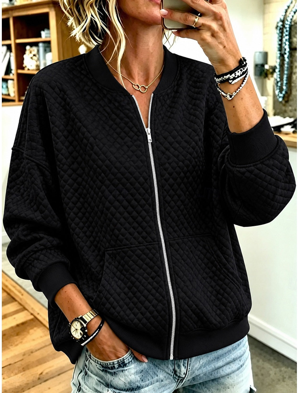 Eliane | Quilted Zip-Front Crew Neck Cardigan for Women