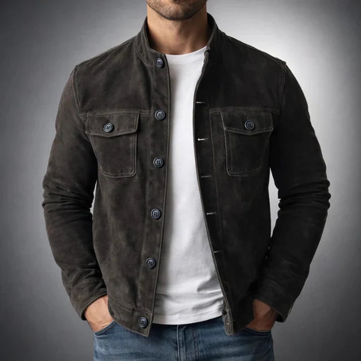 August | Button-Front Stand-Collar Jacket for Men