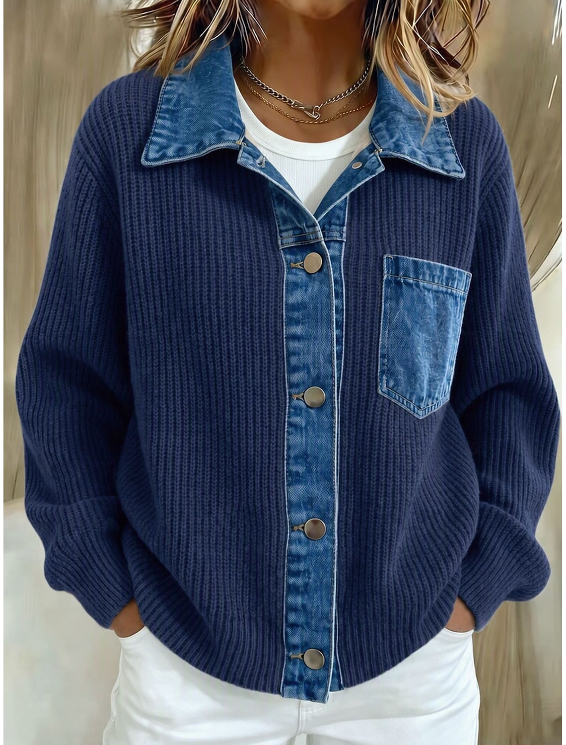 Denise | Ribbed Knit Contrast Collar Cardigan for Women