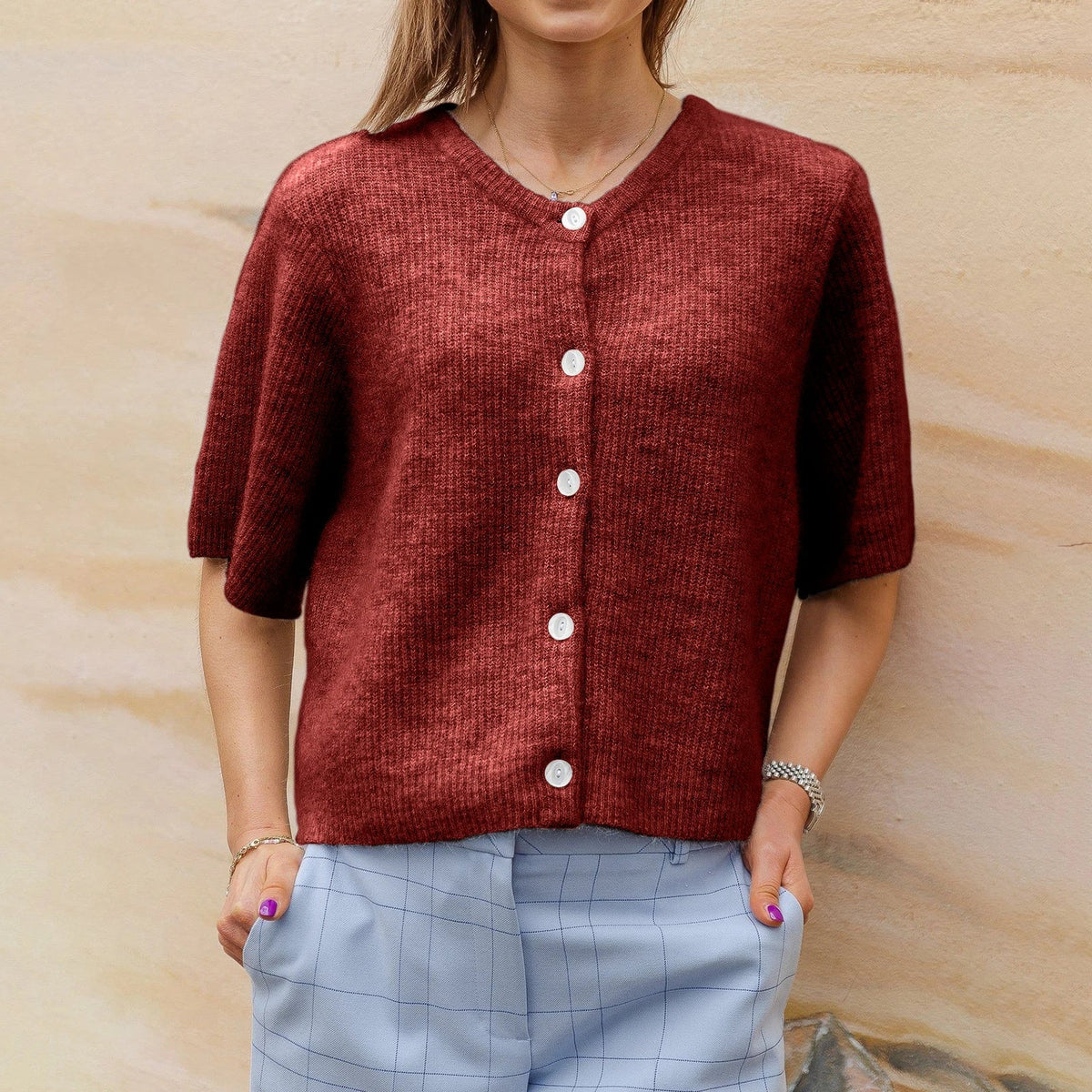 Kate | Ribbed Crewneck Cardigan Vest with Short Sleeves for Women