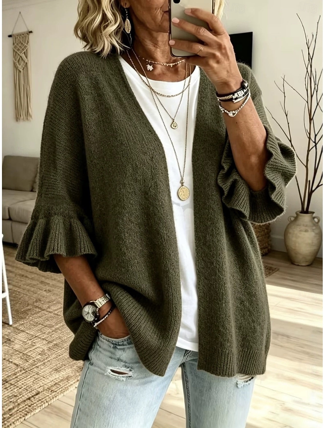 Franziska | Ribbed Open-Front Ruffle-Sleeve Cardigan for Women