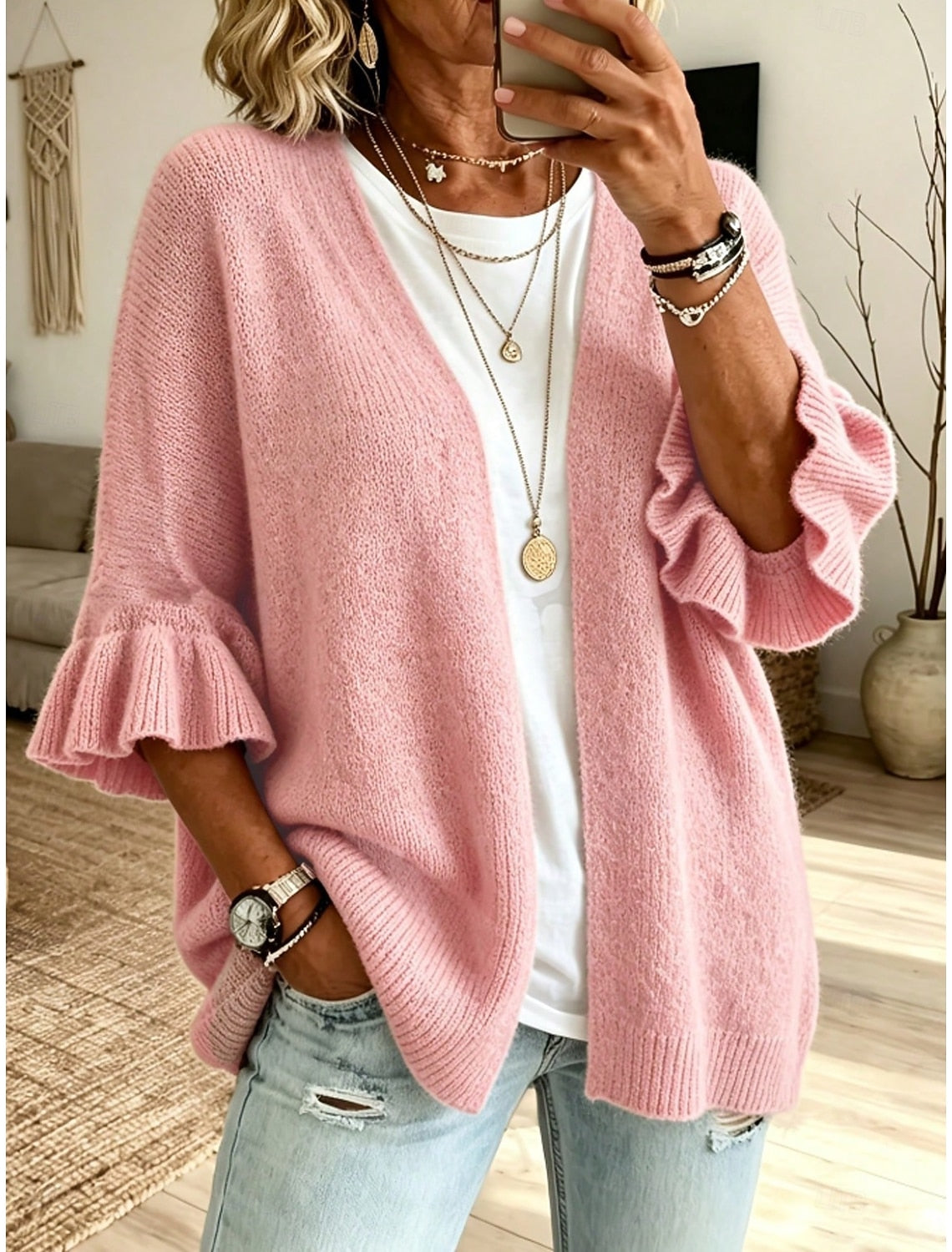 Franziska | Ribbed Open-Front Ruffle-Sleeve Cardigan for Women