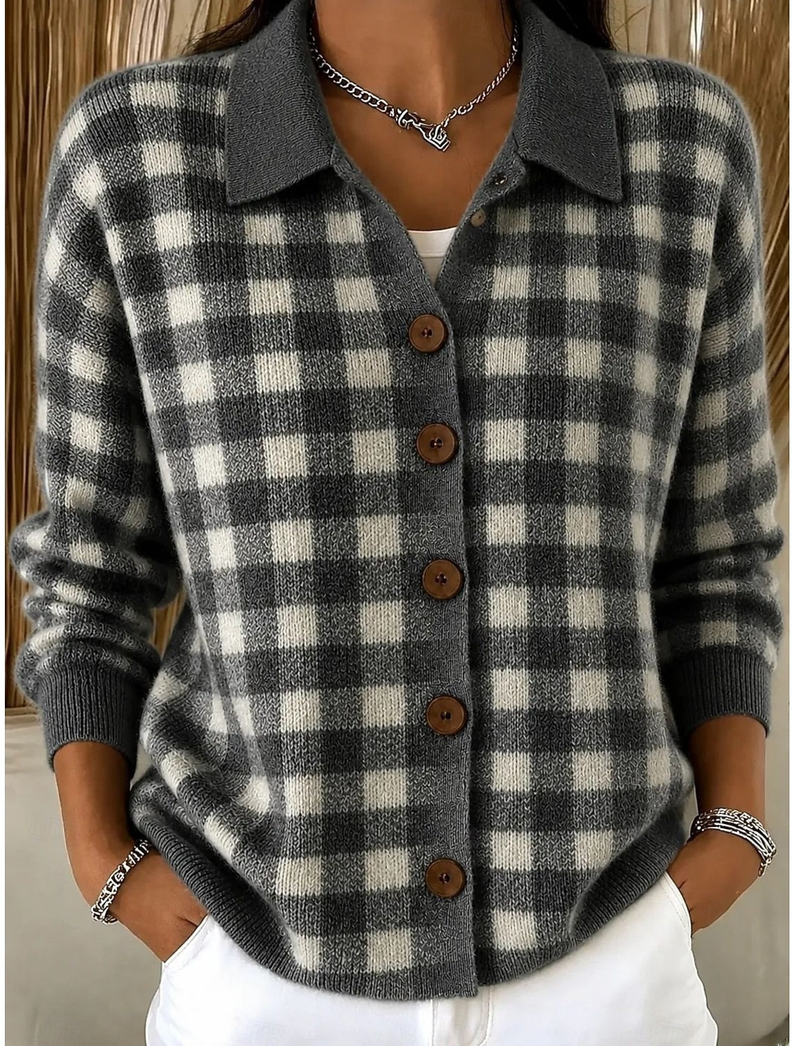 Dilara | Plaid Button-Front Ribbed Cardigan for Women