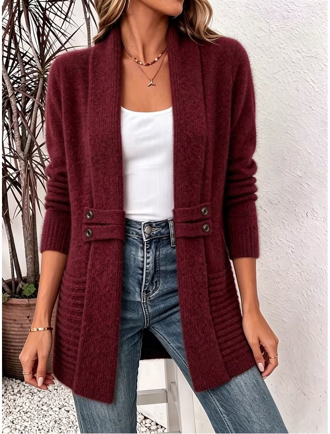 Gaia | Ribbed Knit Longline Cardigan with Button Tabs for Women