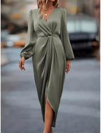 Kristin | Wrap Draped Satin Midi Dress with V-Neck for Women