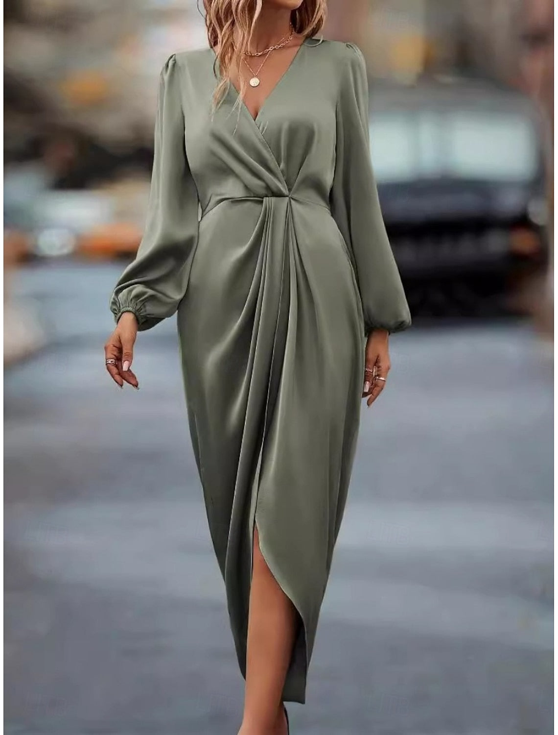 Kristin | Wrap Draped Satin Midi Dress with V-Neck for Women