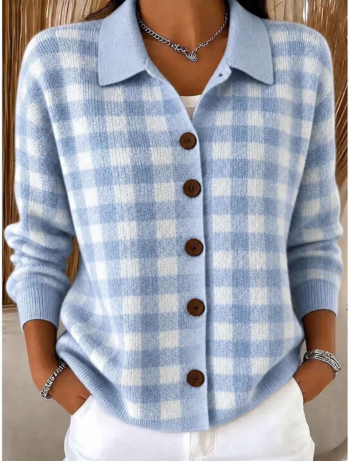 Dilara | Plaid Button-Front Ribbed Cardigan for Women