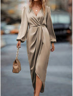 Kristin | Wrap Draped Satin Midi Dress with V-Neck for Women