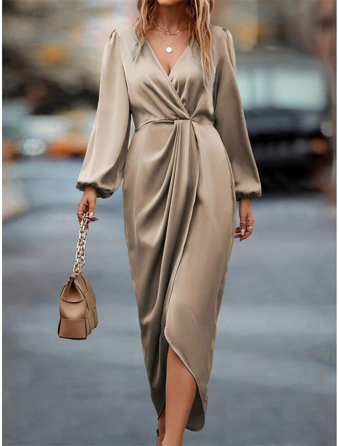 Kristin | Wrap Draped Satin Midi Dress with V-Neck for Women