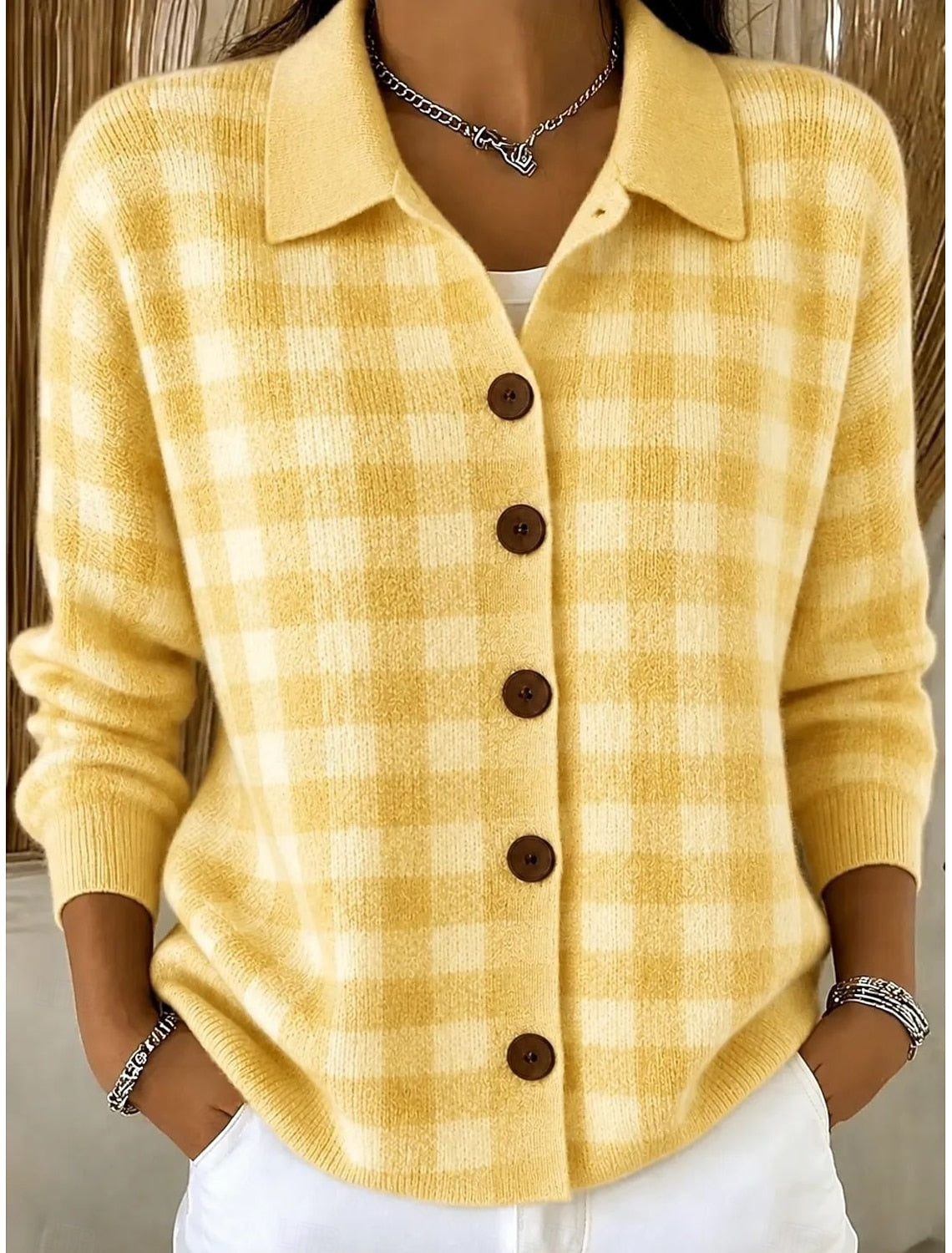 Dilara | Plaid Button-Front Ribbed Cardigan for Women