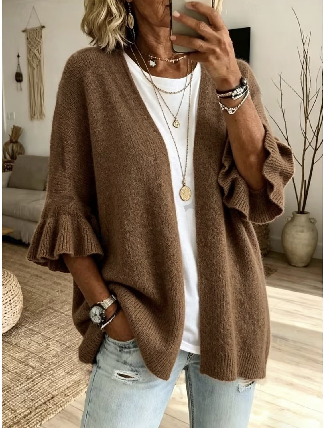 Franziska | Ribbed Open-Front Ruffle-Sleeve Cardigan for Women