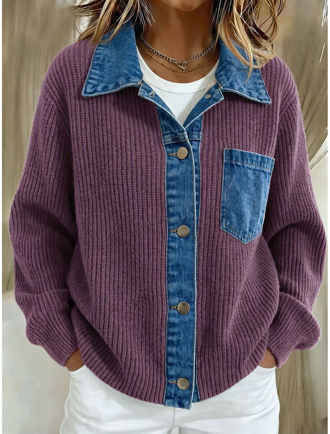 Denise | Ribbed Knit Contrast Collar Cardigan for Women