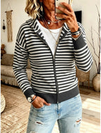 Flora | Striped Ribbed Hooded Zip Cardigan for Women