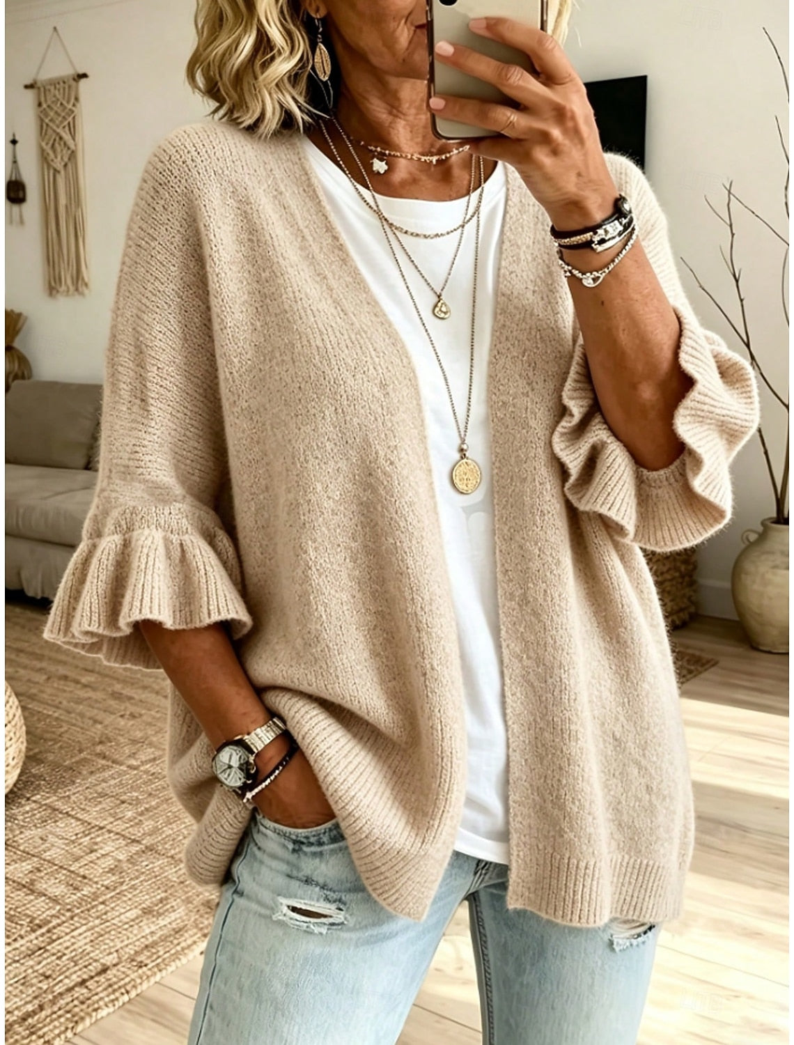 Franziska | Ribbed Open-Front Ruffle-Sleeve Cardigan for Women