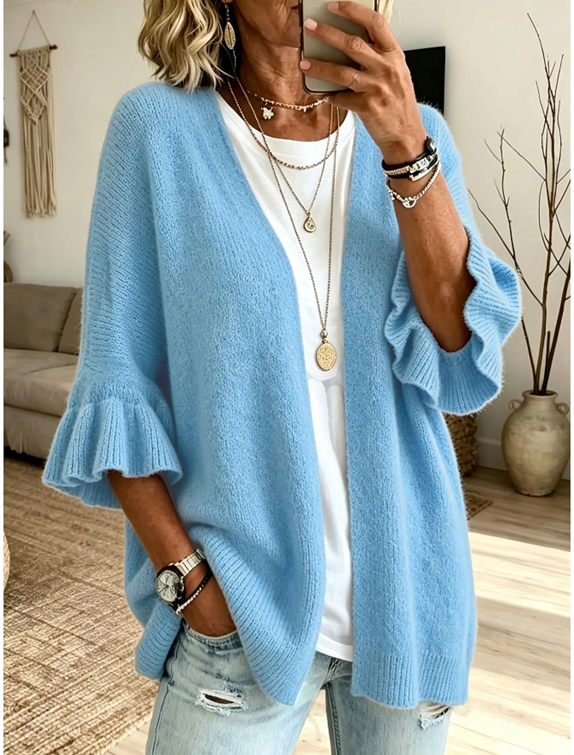 Franziska | Ribbed Open-Front Ruffle-Sleeve Cardigan for Women