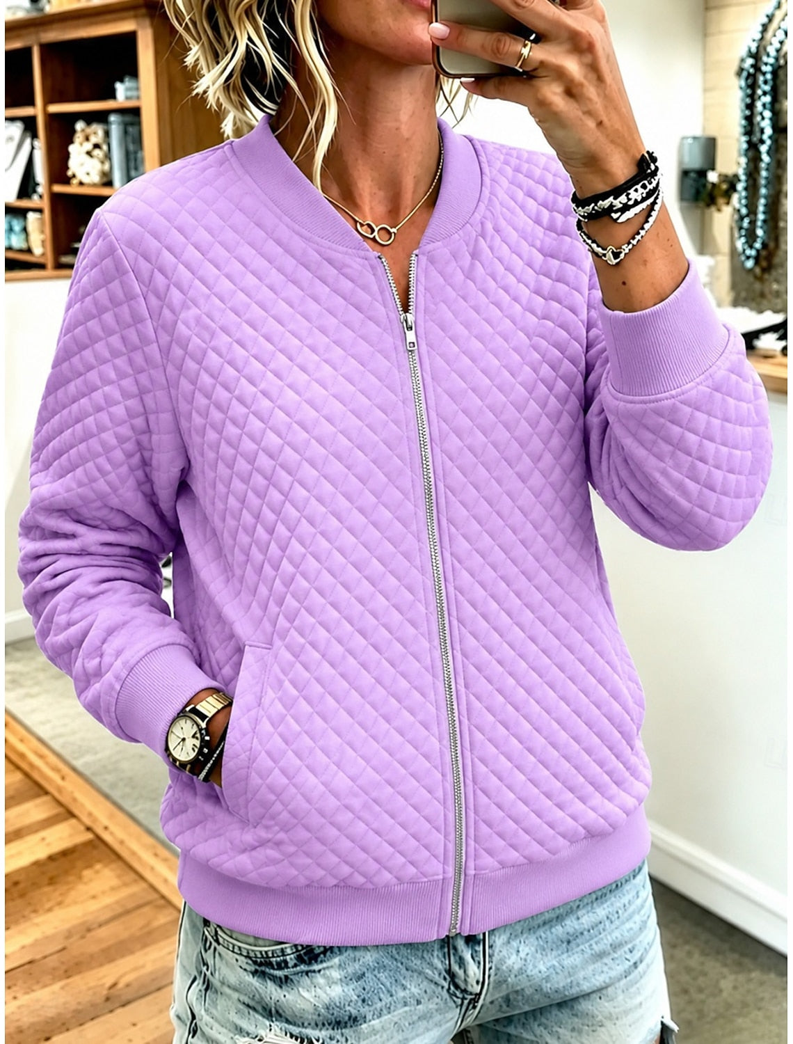 Eliane | Quilted Zip-Front Crew Neck Cardigan for Women