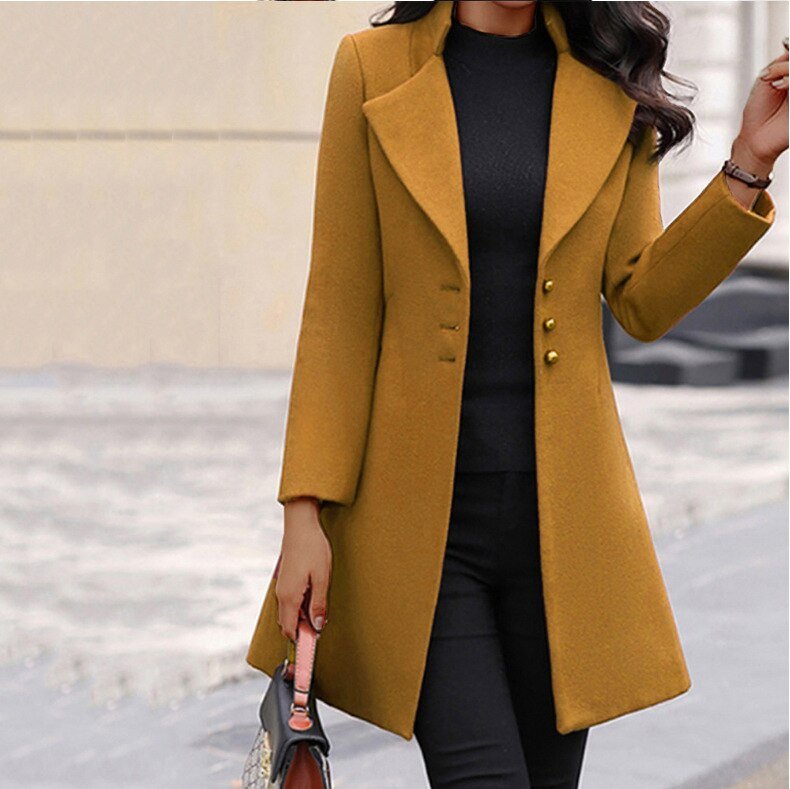 Nadalyn | Double-Breasted Longline Coat with Notch Collar for Women